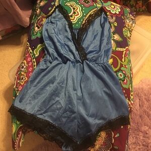 VTG Victoria's Secret Blue Satin Romper Chemise with Black Lace Trim